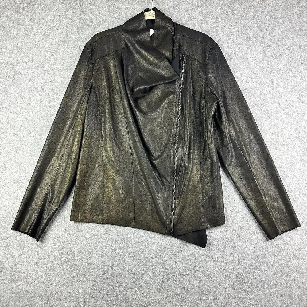 Mote Anthropologie Jacket Women XL Black Gold Foil Faux Leather Moto Lightweight